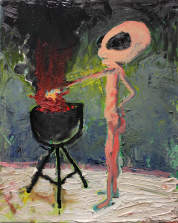 Alien Grilling (20×16) – Oil painting using brushing as well as pouring techniques to describe the smokey coal flames.