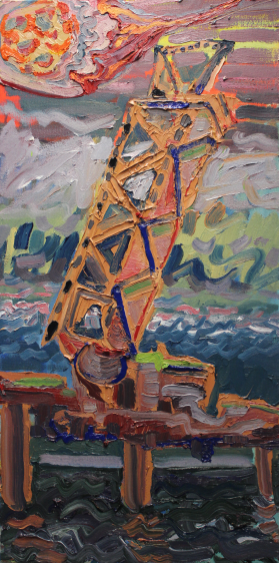 Bridge (30×15) – Oil painting of an old rusty bridge over the hill in Providence, RI.