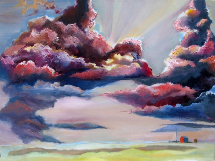 Clouds (20x16) - Oil painting of clouds over a farm