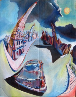 Fish Eye (24x16) - Oil painting on cardboard depicting a car driving through a city