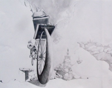 Bike (16x20) - Graphite drawing of biker jumping the gap in a bridge