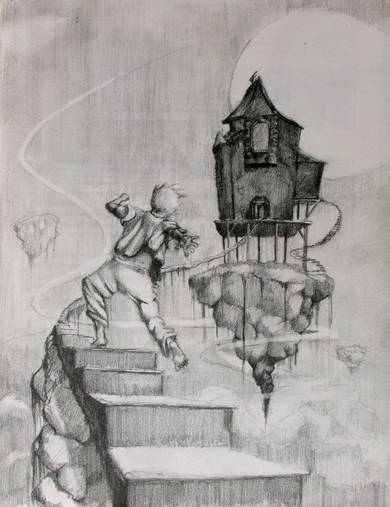 Stairs (12x9) - Graphite drawing of a boy running in a nightmare