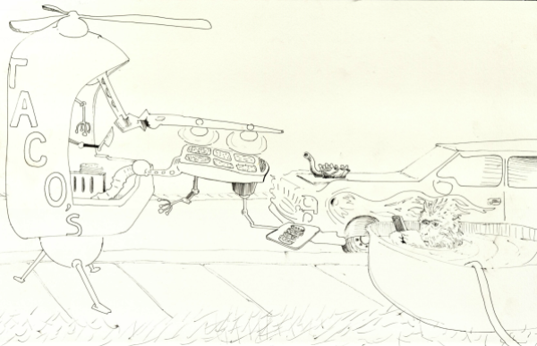 Tacos (14x17) - Ink drawing of a taco-copter delivering food to a monkey texting from his outdoor pool